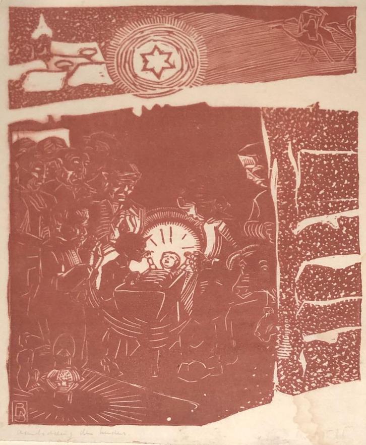 Jan Bakker (1891-1969) Houtsnede 'Aanbidding der herders - K, Antiek en Kunst, Kunst | Etsen en Gravures, Ophalen of Verzenden
