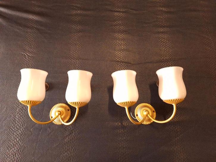 Set van 2 Franse brocante vintage wandlampjes, lampjes, Huis en Inrichting, Lampen | Wandlampen, Gebruikt, Glas, Metaal, Ophalen of Verzenden