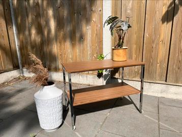 Vintage audiomeubel bijzettafel chroom met hout op wieltjes beschikbaar voor biedingen