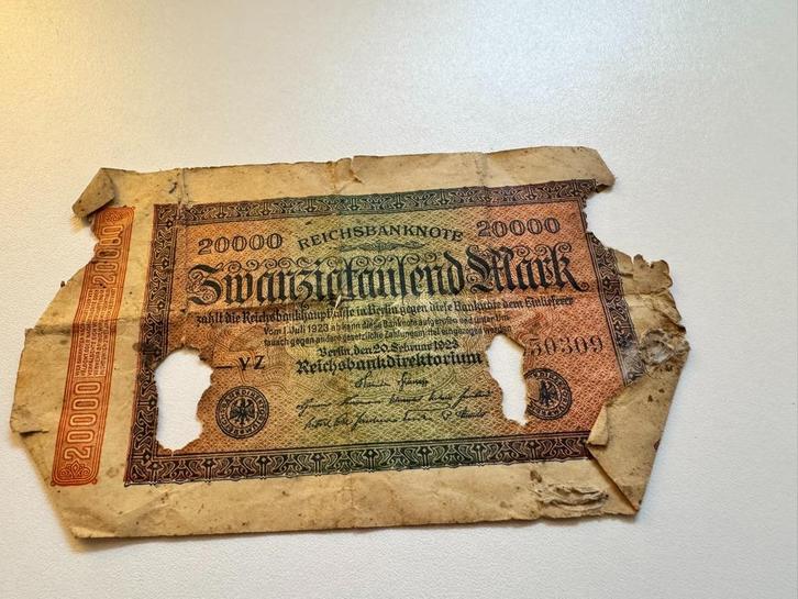 Biljet 20.000 mark Duitse Rijk 1923, Postzegels en Munten, Bankbiljetten | Europa | Niet-Eurobiljetten, Los biljet, Duitsland