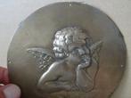 Antiek bronzen reliëf Paul Brandt met engel cherubijn 14cm, Ophalen of Verzenden