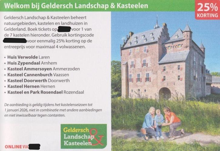 Geldersch Landschap & Kasteelen 25% korting. Postcodeloterij, Tickets en Kaartjes, Musea, Drie personen of meer, Kortingskaart
