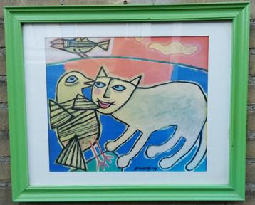 Corneille, Gele vogel & kat. Print/Litho/Glicee?  beschikbaar voor biedingen