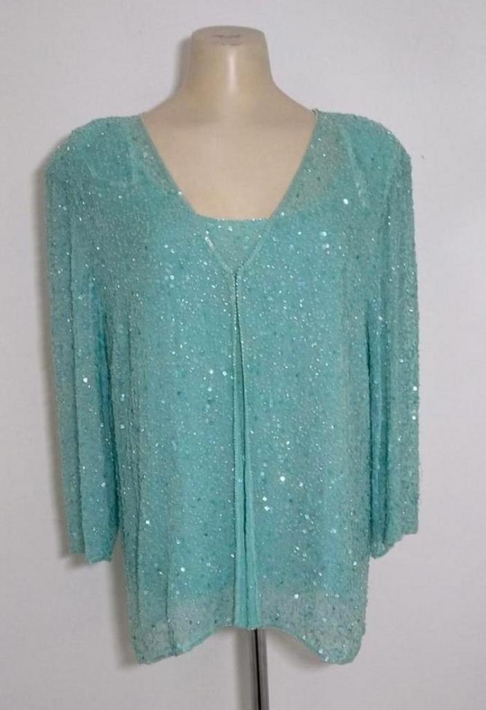 Mintgroene twinset vol pailletten van 100% zijde (UK), Kleding | Dames, Blouses en Tunieken, Zo goed als nieuw, Maat 42/44 (L)