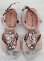 Lichtbruine leren sandalen met frutsels+hak, Tamaris, mt 36, Tamaris, Bruin, Gedragen, Sandalen of Muiltjes