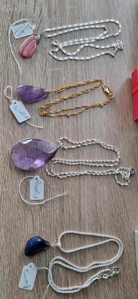4 x Edelsteenhanger aan ketting 925 silver, Sieraden, Tassen en Uiterlijk, Kettinghangers, Zo goed als nieuw, Zilver, Overige kleuren