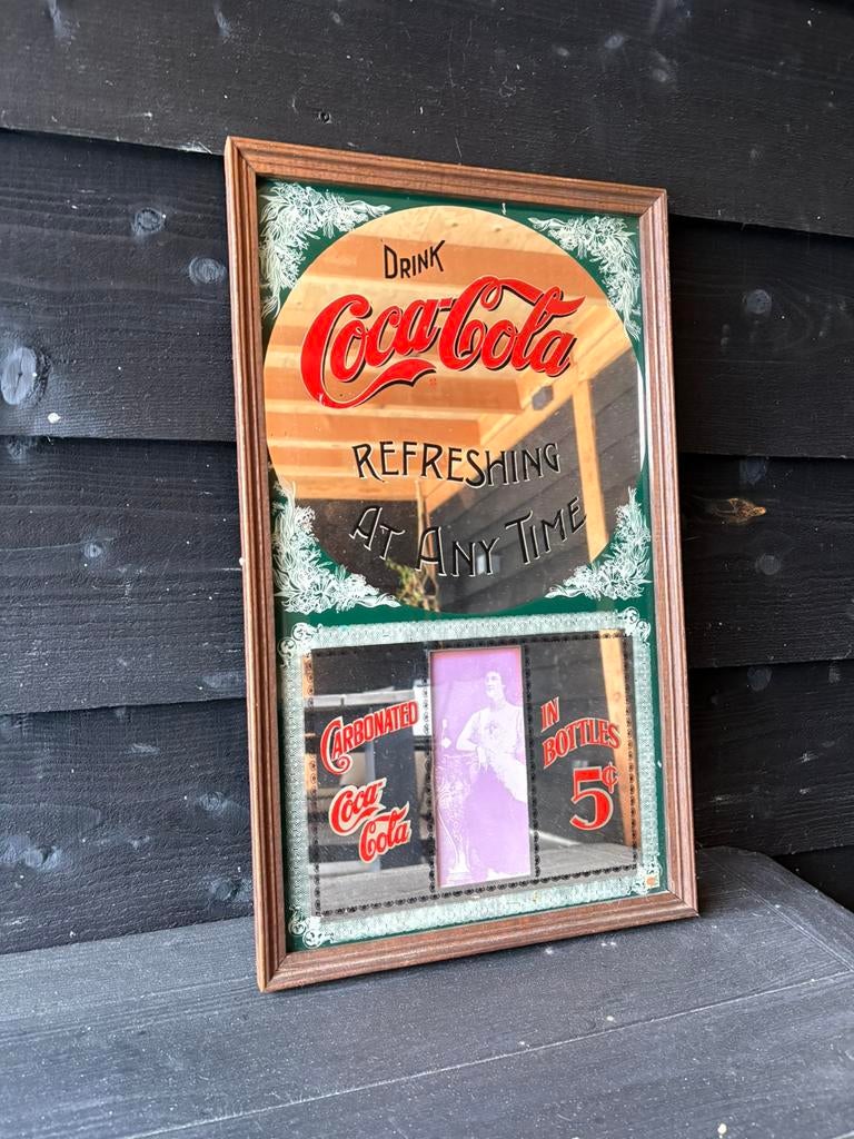 Houten reclame spiegel Coca Cola 31,5 x 53,5 cm, Antiek en Kunst, Antiek | Spiegels, Ophalen, Rechthoekig, Minder dan 50 cm