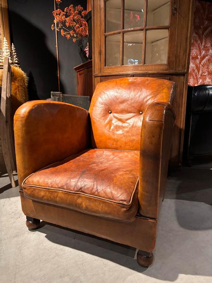 Antieke Schapenleren Ocl Fauteuil, Huis en Inrichting, Fauteuils, Gebruikt, Leer, 75 tot 100 cm, Ophalen of Verzenden