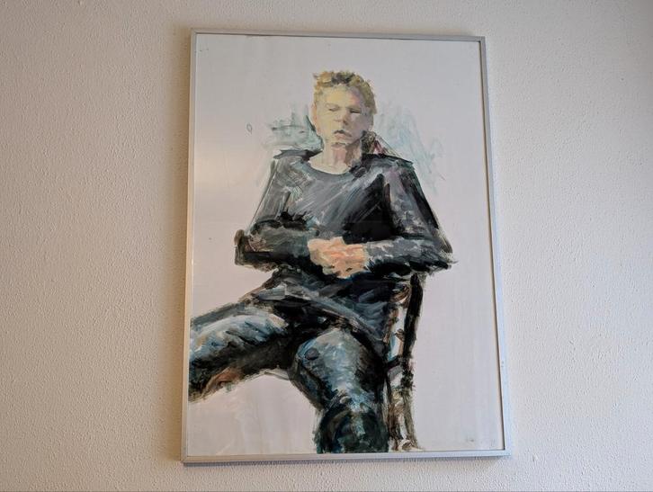 Aquarel van man in stoel met aluminium lijst, Antiek en Kunst, Kunst | Schilderijen | Modern, Ophalen