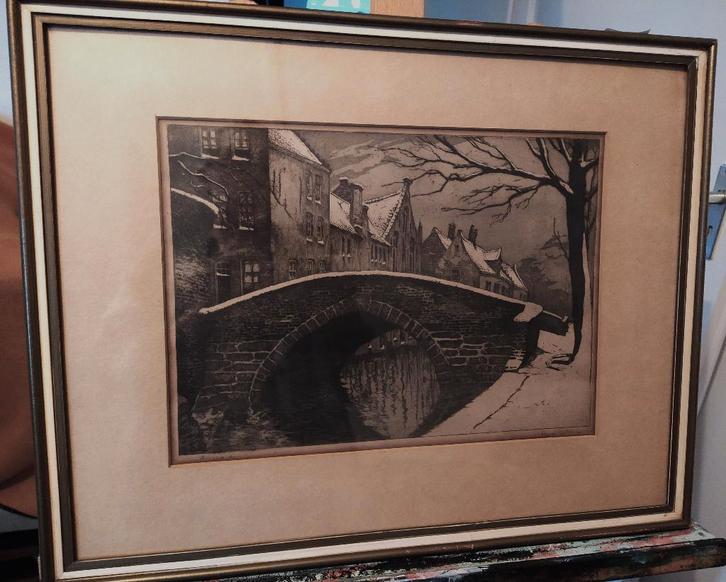 Ets Brugge Pont du Cheval met sneeuw A. Moes, Antiek en Kunst, Kunst | Etsen en Gravures, Ophalen of Verzenden
