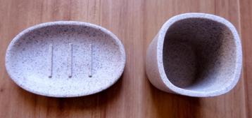 Nieuw: Seq Home zeepbakje + tandenborstelbeker beige zand beschikbaar voor biedingen