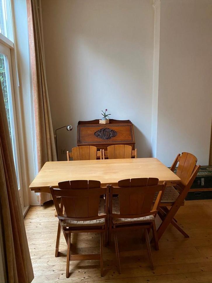 Eetkamertafel + bijzettafel + 6 stoelen - vintage jaren '50, Huis en Inrichting, Tafels | Bijzettafels, Zo goed als nieuw, Rechthoekig