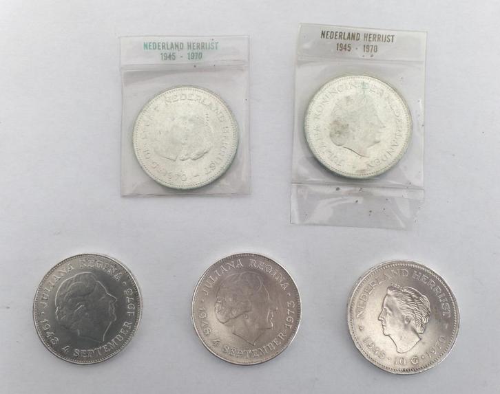 5 stuks 10 gulden zilveren munten 1945-1970 + 1948 - 1973, Postzegels en Munten, Munten | Nederland, Setje, 10 gulden, Koningin Juliana