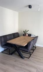 Eetkamerset Velvet stoffen stoelen + Bankje, Huis en Inrichting, Tafels | Eettafels, Ophalen, 100 tot 150 cm, Eikenhout, 200 cm of meer