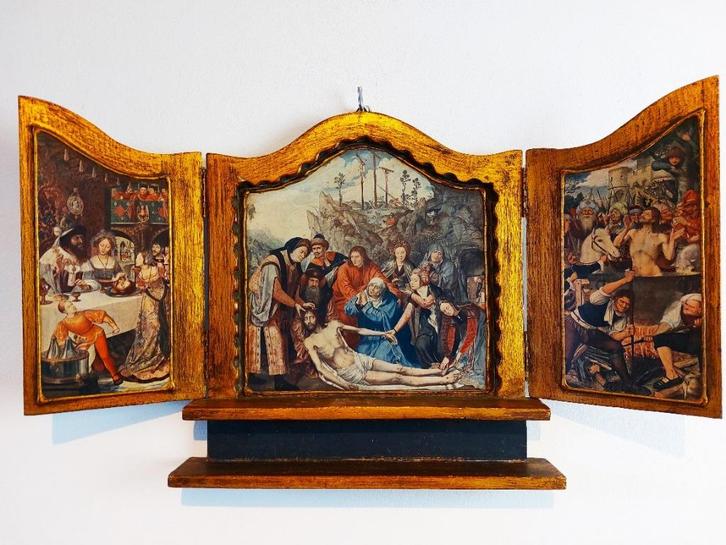 Drieluik Icoon Altaar stuk Schrijnwerkerambacht Q. Massijs, Antiek en Kunst, Antiek | Religie, Ophalen of Verzenden