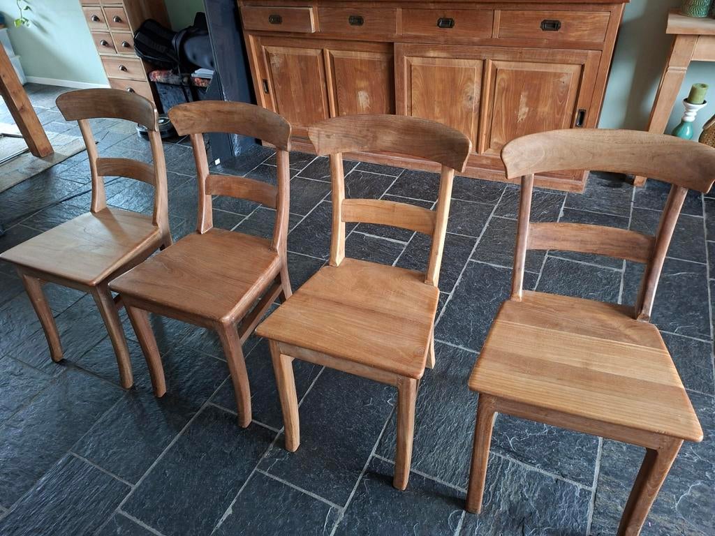 Vier eetkamerstoelen, teak, Huis en Inrichting, Stoelen, Ophalen, Gebruikt, Bruin, Vier