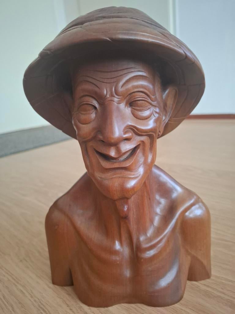 Houten buste Bali Indonesie, Antiek en Kunst, Kunst | Beelden en Houtsnijwerken, Buste, Ophalen of Verzenden, Handgemaakt, Hout