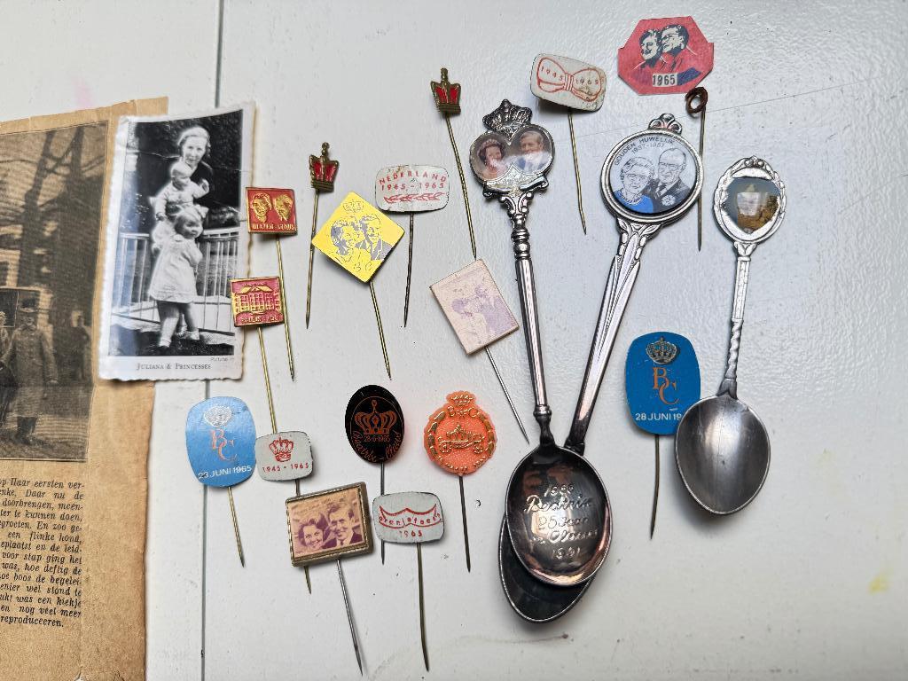 Koningshuis speltjes, krantenknipsels en lepeltjes, Verzamelen, Koninklijk Huis en Royalty, Ophalen of Verzenden, Speld(je) of Lepel(tje)