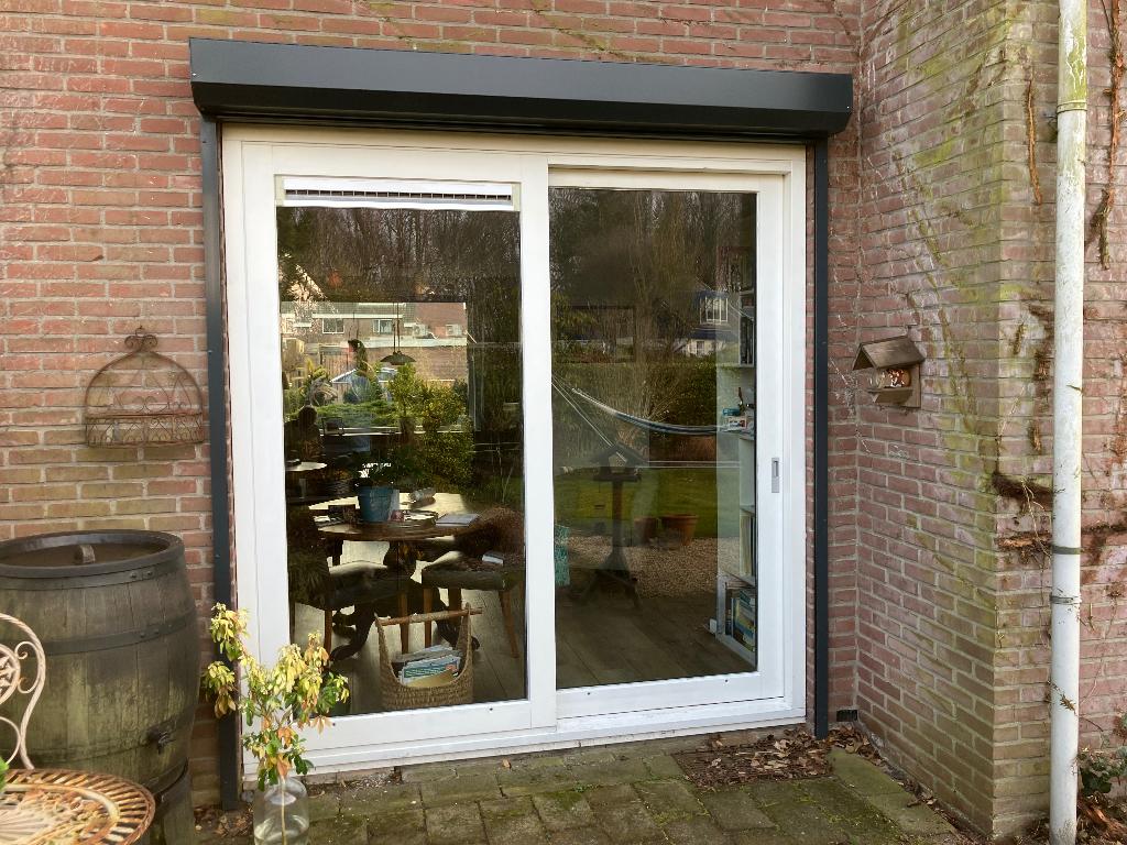 Schuifpui, hardhout, BxH: 2335x2450mm, 2006, HR++, Doe-het-zelf en Verbouw, Kozijnen en Schuifpuien, Ophalen, Gebruikt, 225 cm of meer