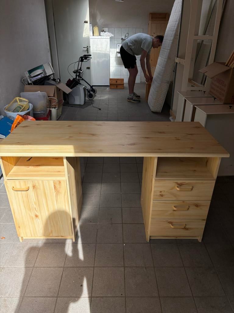 Houten bureau met lades en kastje, Huis en Inrichting, Ophalen, Overige typen, Gebruikt, Beige