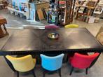 Zwarte 6-8 persoons eettafel met 6 kleurrijke stoelen, Ophalen, Gebruikt, 200 cm of meer, 50 tot 100 cm