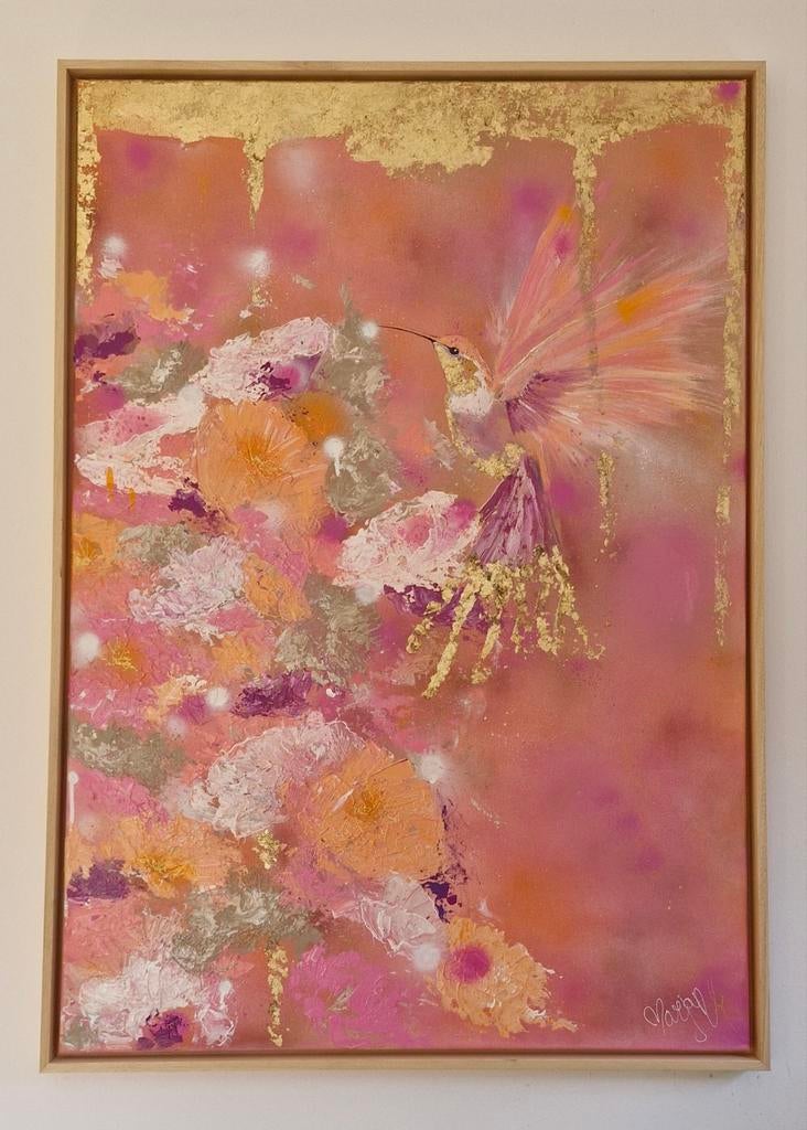 Prachtig eigen ontwerp schilderij Kolibrie met bladgoud, Ophalen of Verzenden