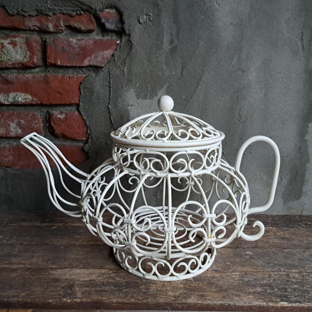 Grote metalen theepot pot met deksel decoratie wit *Etage3*, ., Ophalen of Verzenden, Zo goed als nieuw, .