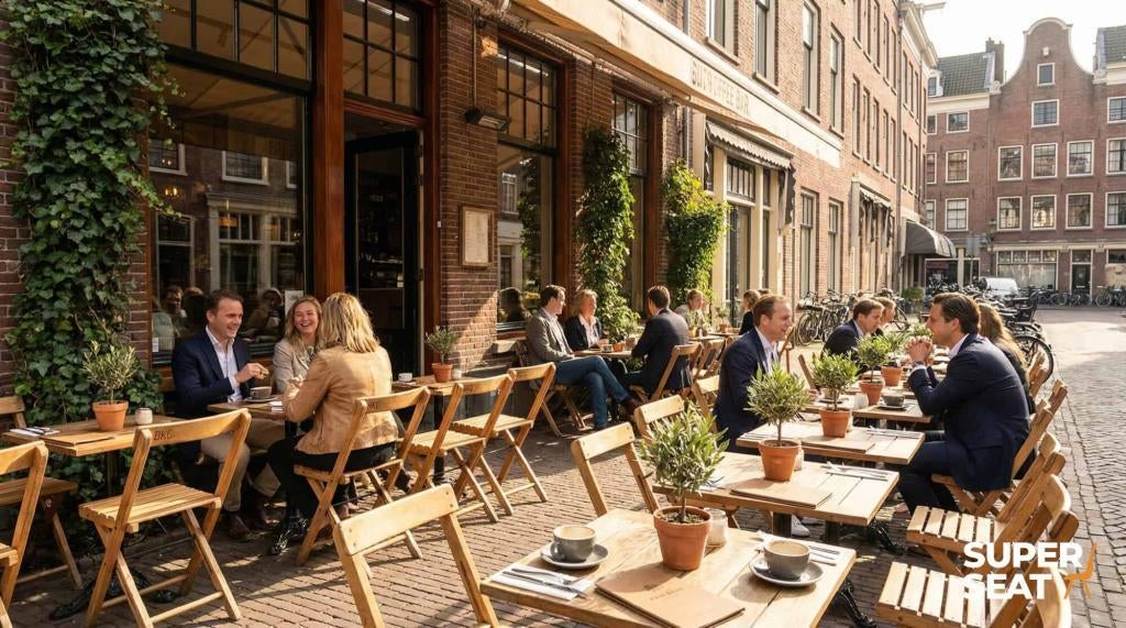 Partij retro vintage houten horeca klapstoelen STOKKUM.  73, Ophalen of Verzenden, Gebruikt, Bruin, Vijf, Zes of meer stoelen