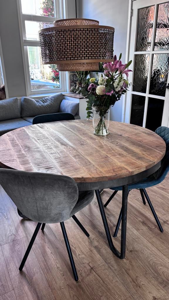Robuuste ronde eettafel mangohout met ijzeren onderstel, Ophalen, Gebruikt, 100 tot 150 cm, Rond
