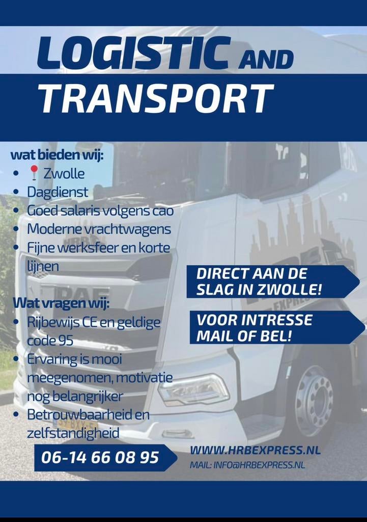 Vrachtwagen chauffeur CE+95, 33 - 40 uur, Overige niveaus, Starter, Overige vormen