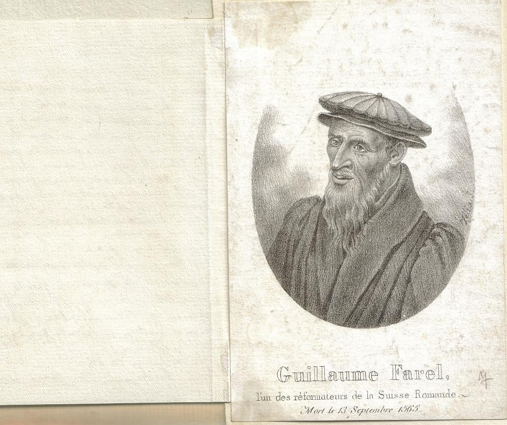 Zelia S. litho "Guillaume Farel", met handgeschreven bio, Antiek en Kunst, Ophalen