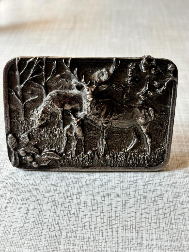 Vintage (1982) buckle bostafereel met herten, Kleding | Heren, Riemen en Ceinturen, Losse buckle of gesp, Overige kleuren, Minder dan 95 cm
