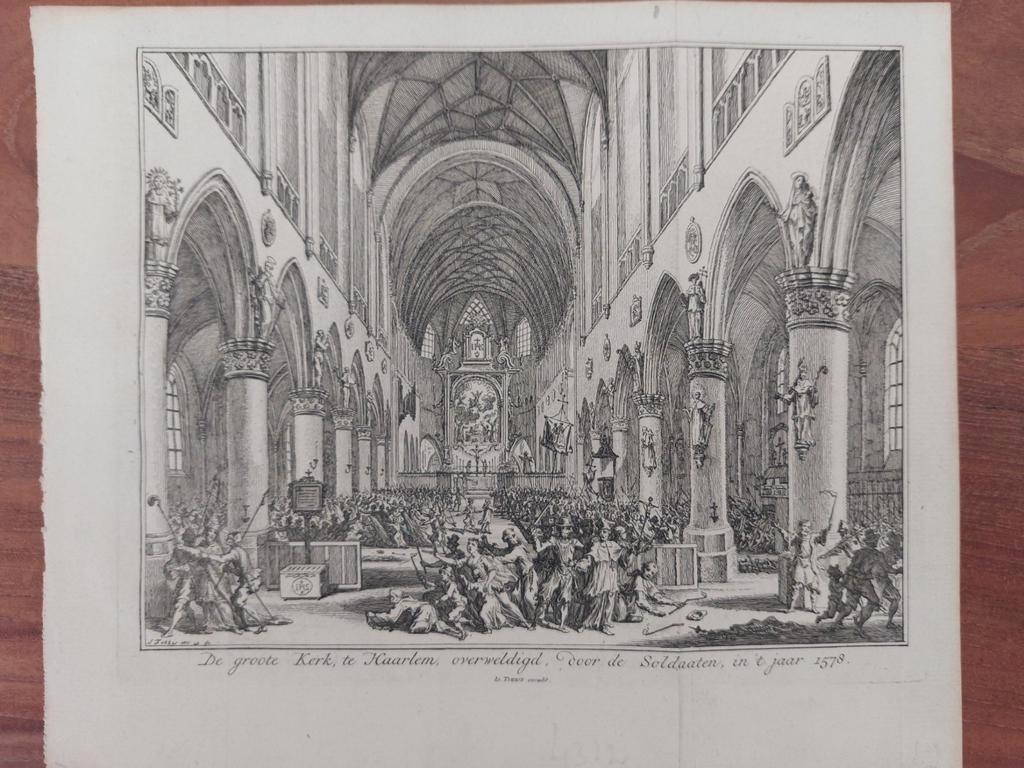 1 / De Groote Kerk - Sint Bavo Haarlem overweldigd in 1578, Antiek en Kunst, Kunst | Etsen en Gravures, Ophalen of Verzenden