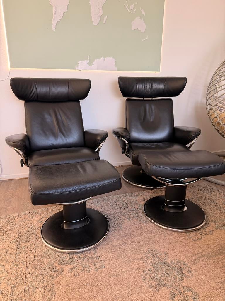 Set Stressless Jazz relax fauteuils met voetenbanken zwart, Ophalen, Minder dan 75 cm, Leer, Zo goed als nieuw