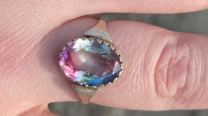 Zilveren Regenboog of Mystic topaas ring maat 18,5, Sieraden, Tassen en Uiterlijk, Antieke sieraden, Ring, Zilver, Ophalen of Verzenden