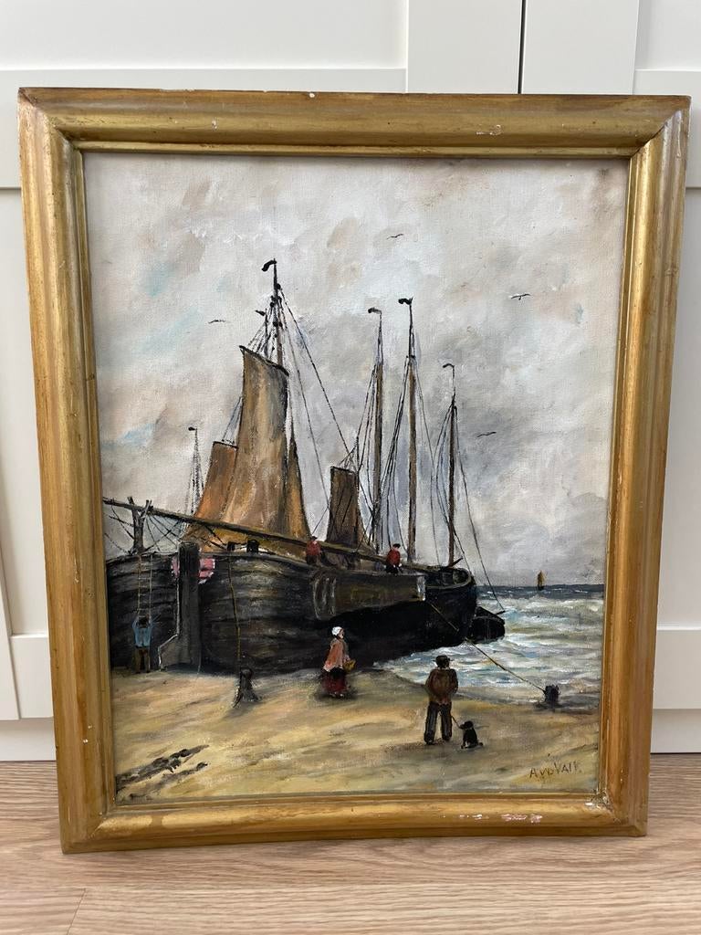Schilderij A v d Valk boot op strand 58x48 olieverf, Antiek en Kunst, Kunst | Schilderijen | Klassiek, Ophalen of Verzenden