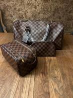 Weekendtas en toilettas set - Bruin geblokt design, 40 tot 60 cm, 20 tot 30 cm, Bruin, Verzenden