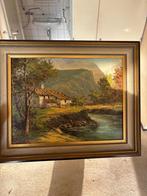 Schilderij: Huisje aan de rivier in berglandschap, Antiek en Kunst, Kunst | Schilderijen | Klassiek, Ophalen