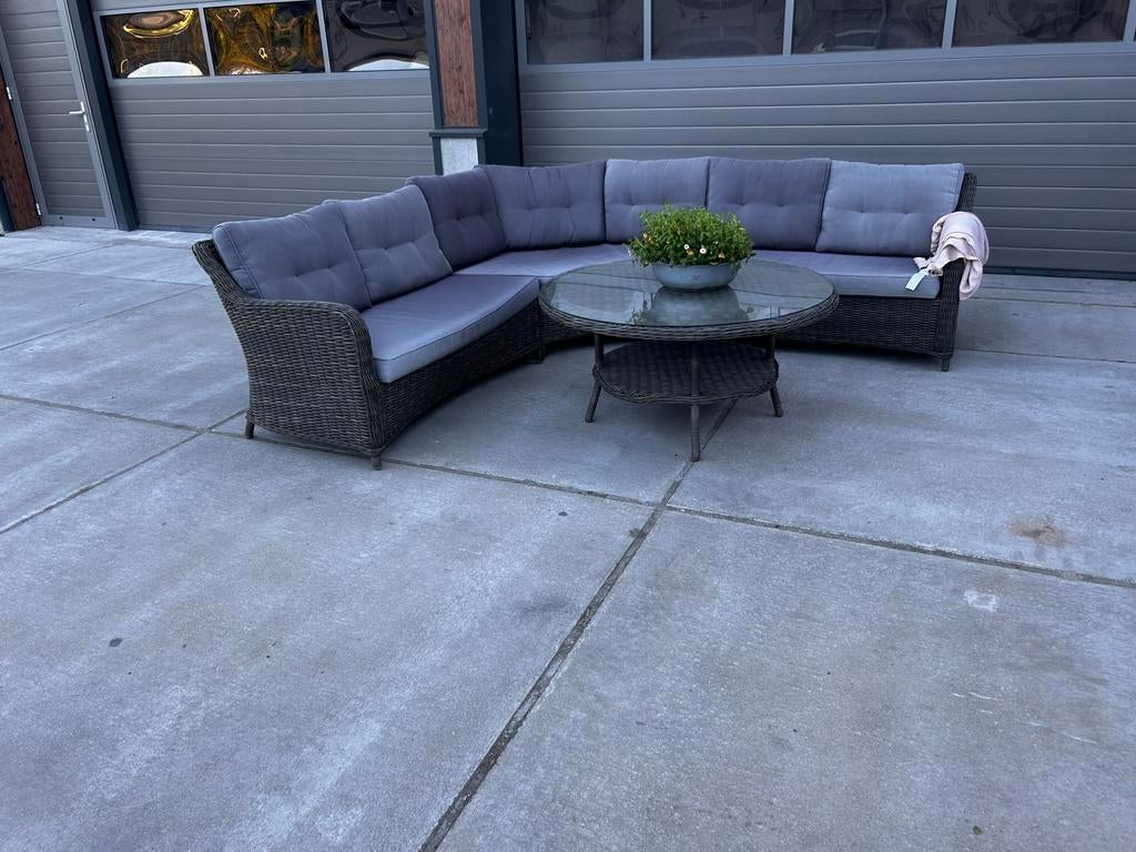 Wicker Loungeset met Glazen Tafel - Zo goed als nieuw, 5 zitplaatsen, ., Ophalen of Verzenden, Zo goed als nieuw