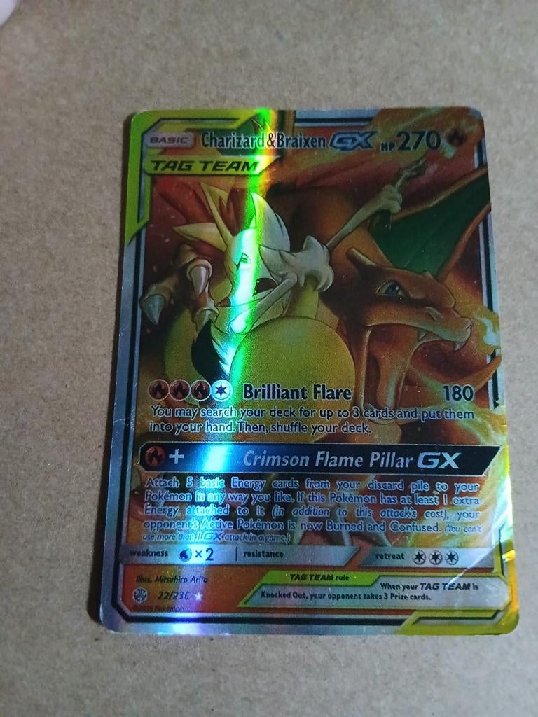 Charizard & Braixen GX Pokémon Kaart - Tag Team Foil, Ophalen of Verzenden, Gebruikt, Losse kaart, Foil