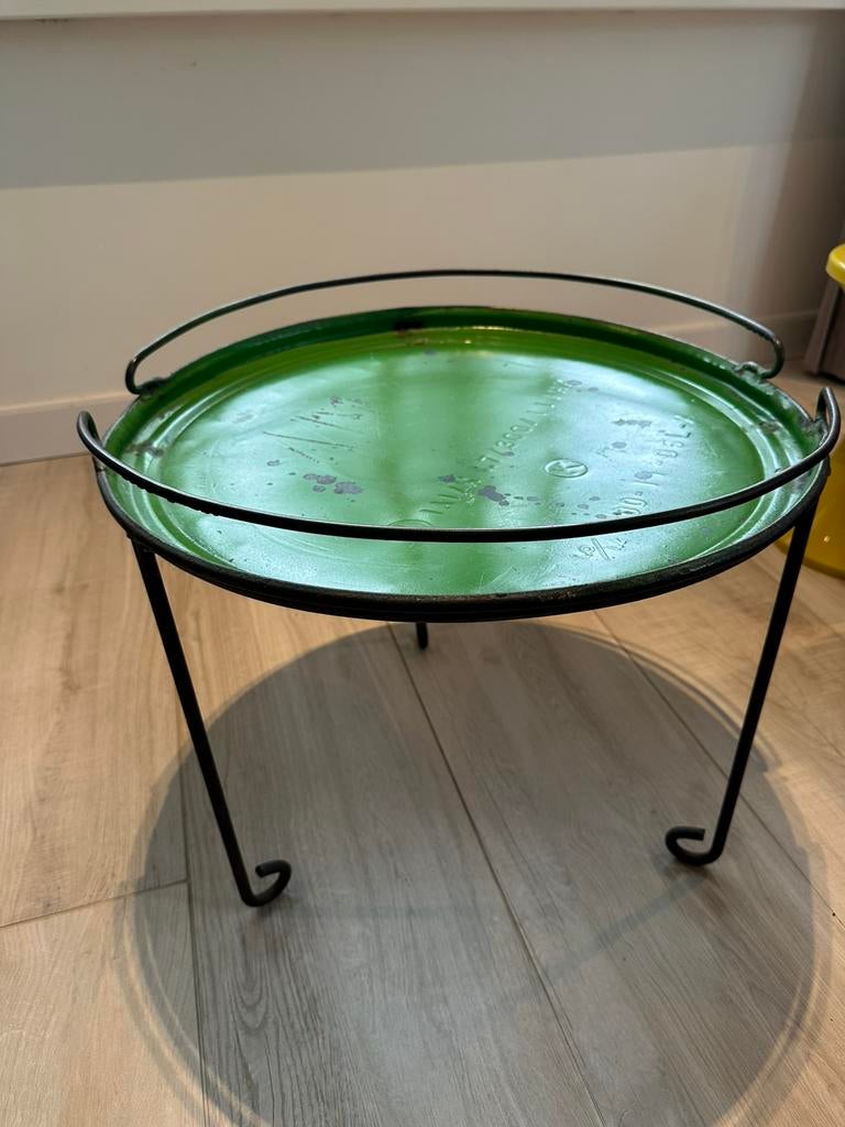 Groene Oliedrum Salontafel Bijzettafel Rond vintage, Huis en Inrichting, Ophalen, Gebruikt, 50 tot 100 cm, Rond