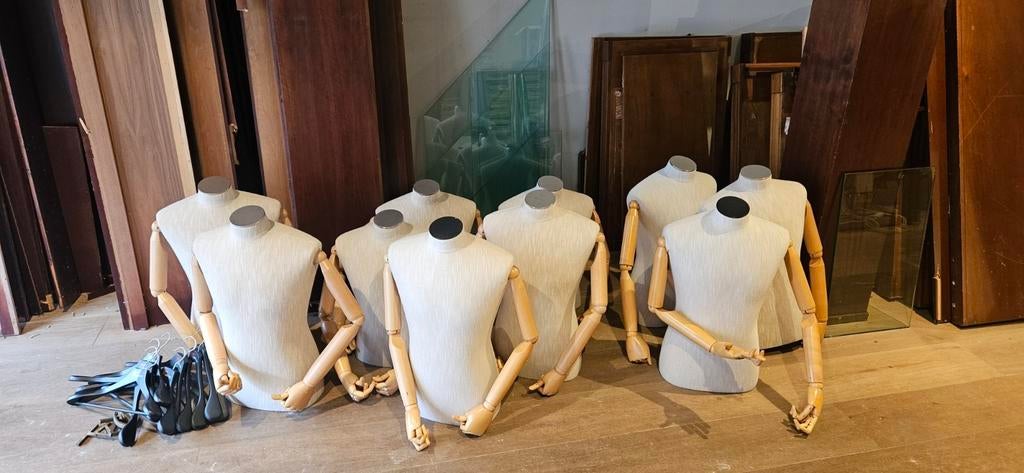 9x Paspop etalagepop mannen buste linnen lijf houten armen, Antiek en Kunst, Antiek | Kleding en Accessoires, Ophalen