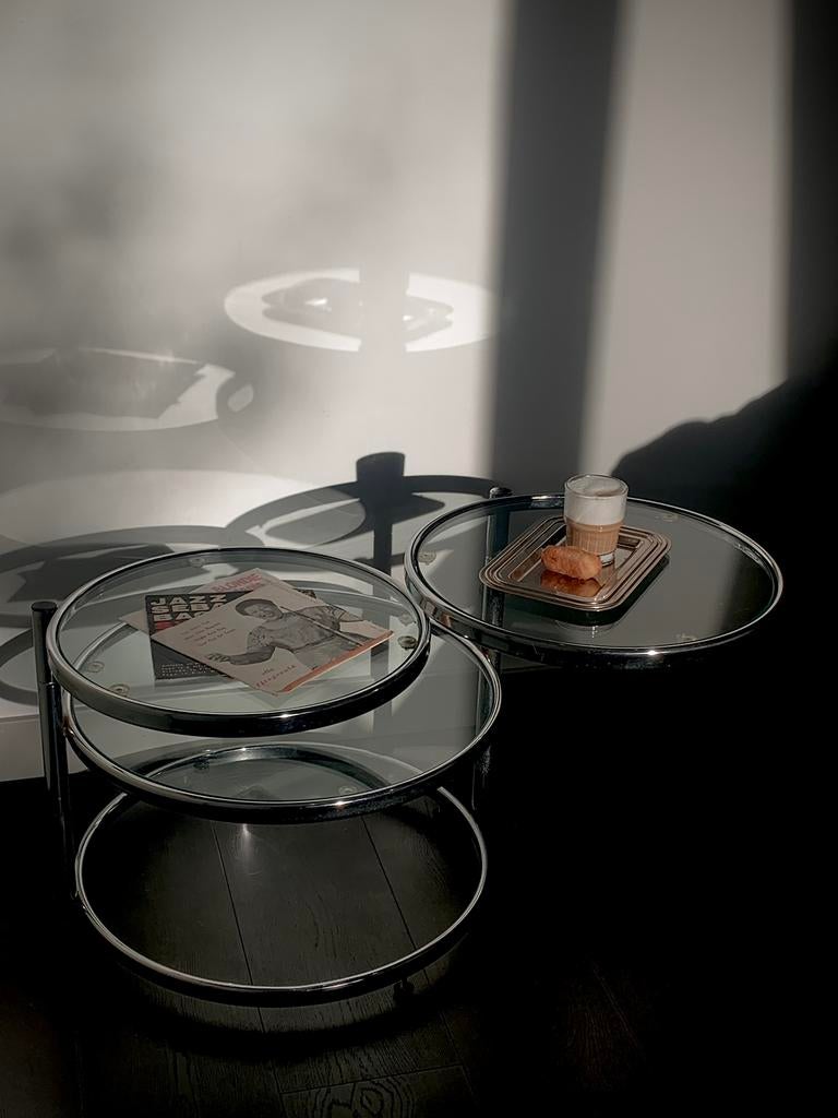 Salontafel - Chroom, Glas - Leitmotiv - Space Age, Gebruikt, Rond, Ophalen of Verzenden, Glas