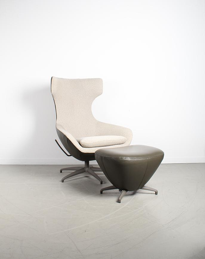 1x Leolux Caruzzo Fauteuil +Voetenbank Beige/Antraciet Stof, Huis en Inrichting, Niet ingevuld, Niet ingevuld, 75 tot 100 cm, Ophalen of Verzenden