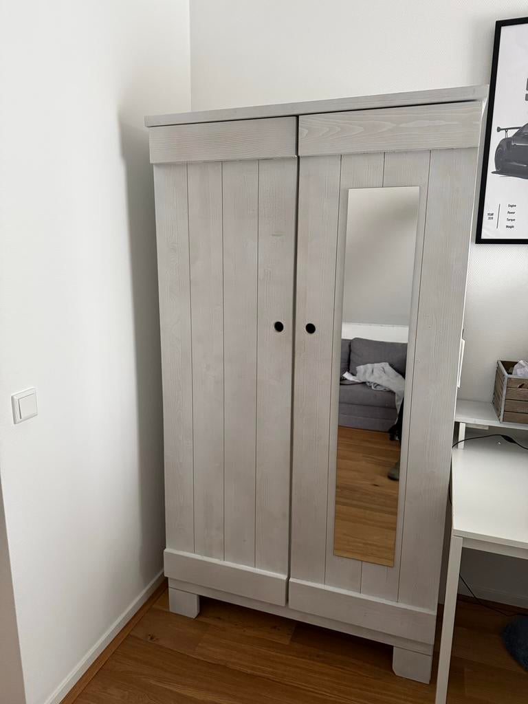 Grey wash kledingkast met roede en planken, Ophalen, Gebruikt, 100 tot 150 cm, 150 tot 200 cm