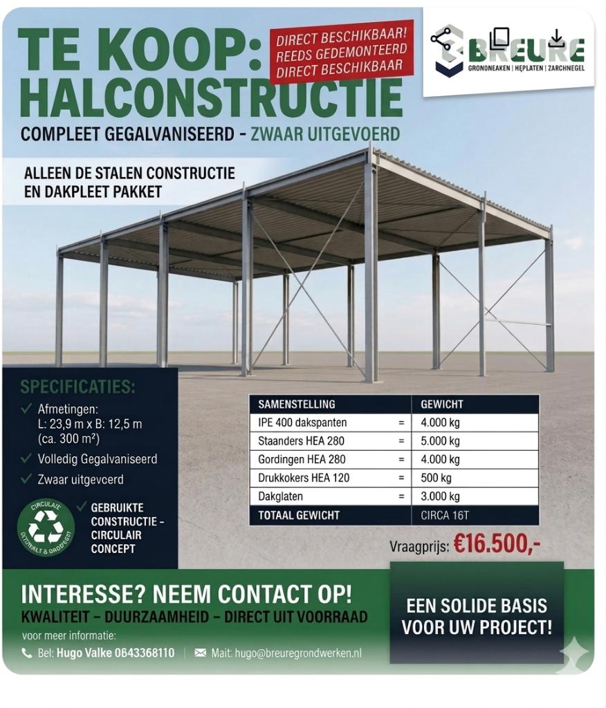 STALEN HALCONSTRUCTIE 300m2 – ZWAAR UITGEVOER, Ophalen of Verzenden, Gebruikt, IJzer