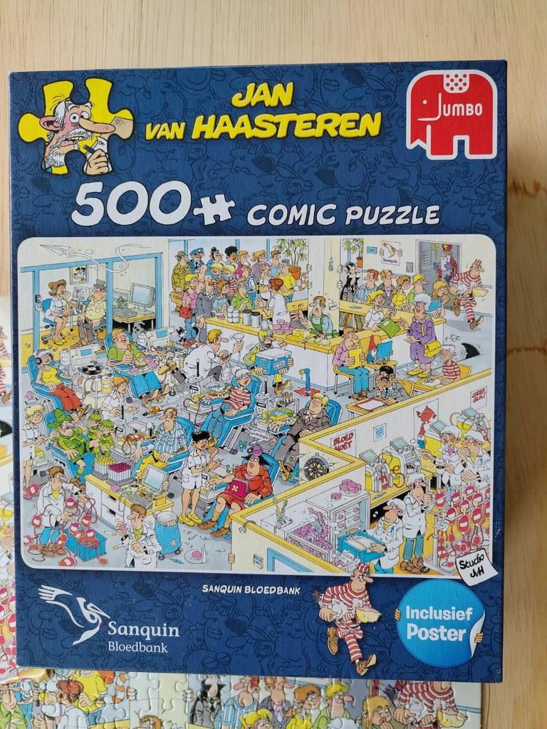 Jan van Haasteren 500+ Comic Puzzel Sanquin Bloedbank, Ophalen of Verzenden, 500 t/m 1500 stukjes, Zo goed als nieuw, Legpuzzel