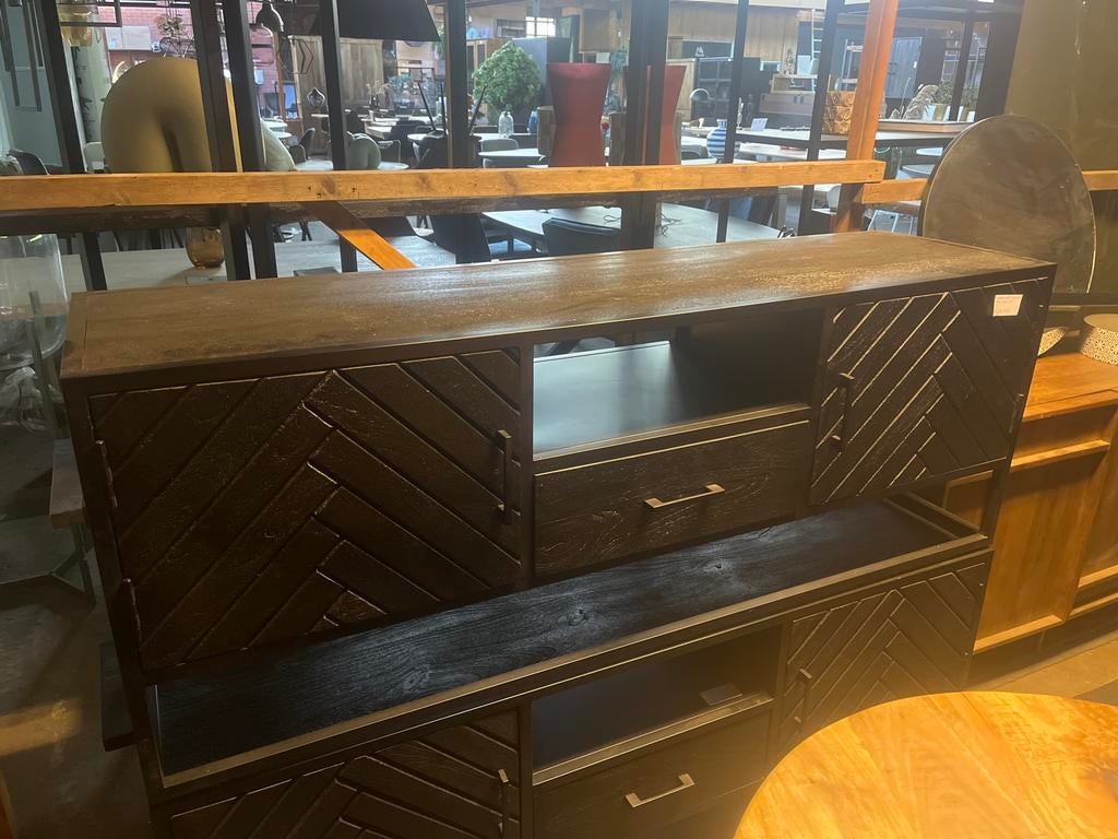 Tv meubel mangohout zwart visgraat 150x40x55 - Weco Meubelen, Ophalen, 100 tot 150 cm, Nieuw, Minder dan 100 cm