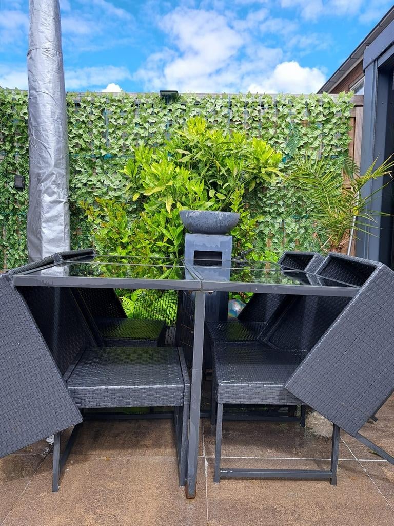 Tuinset met tafel en 4 stoelen, 4 zitplaatsen, Gebruikt, Ophalen of Verzenden, Wicker