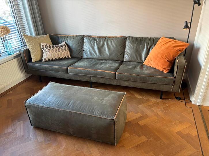 LAATSTE KANS: mooie leren groene 3-zits bank, incl hocker, Huis en Inrichting, Banken | Complete zithoeken, Zo goed als nieuw